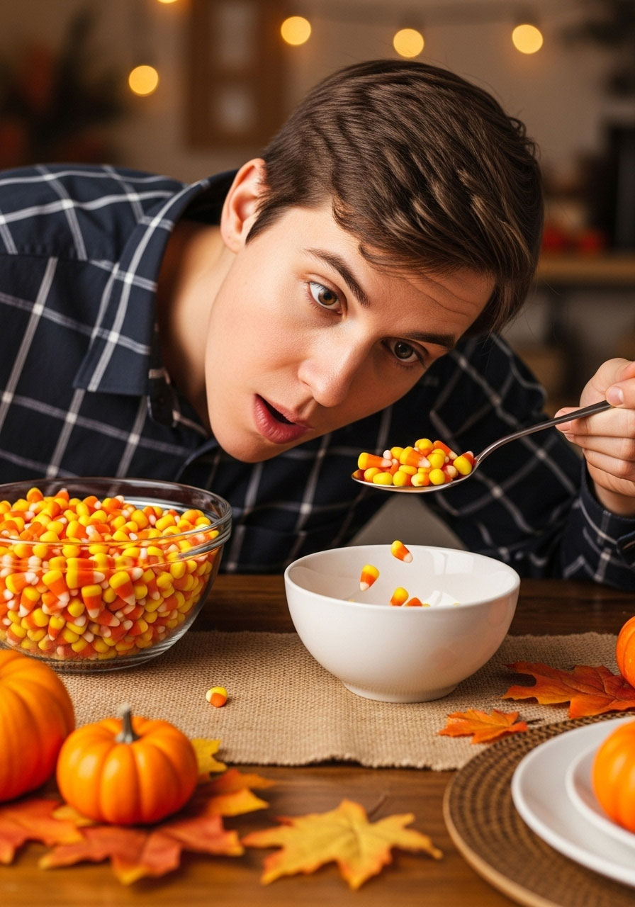 Candy Scoop game with player using spoon in mouth to transfer candy corn between bowls for Thanksgiving challenge