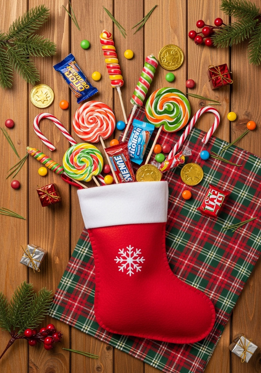 Christmas stocking filled with wrapped candies and sweets for Sweet Tooth game variation including candy bars and lollipops