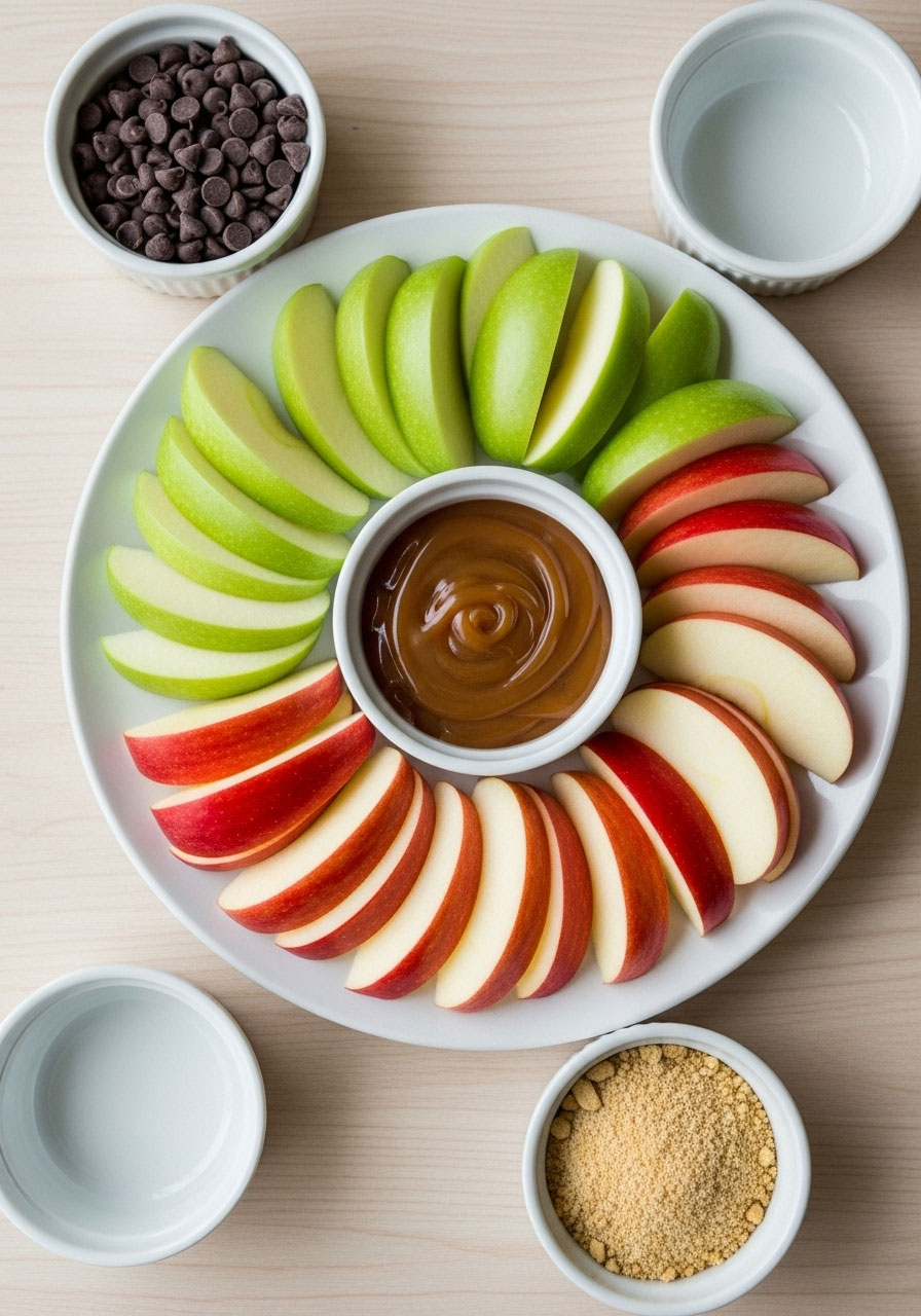 Caramel apple slices with dipping sauce and toppings for easy Thanksgiving classroom party snack