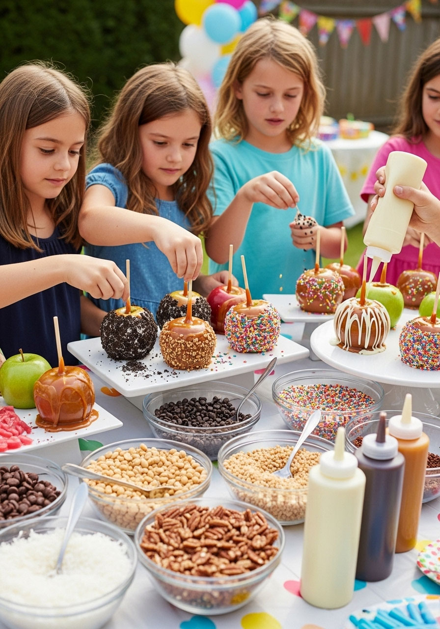 Kids decorating gourmet caramel apples with assorted toppings at DIY outdoor birthday party dessert station