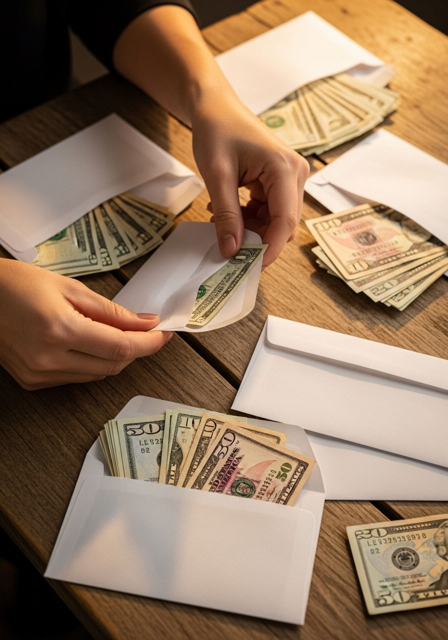 Hands preparing cash envelopes with various dollar amounts for Let's Make a Deal party game Round 1