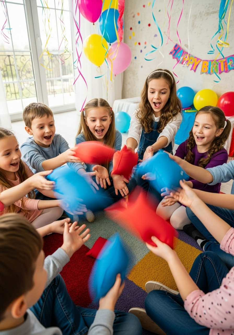 Kids in circle passing bean bags playing cat and mouse at indoor birthday party