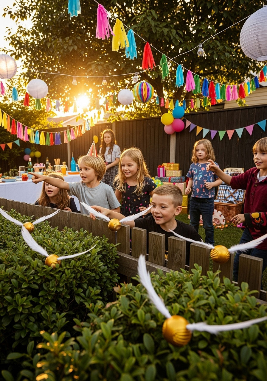 Children playing catch the golden snitch scavenger hunt game at Harry Potter themed birthday party outdoors