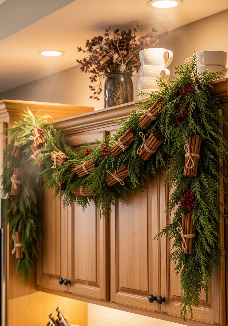 Finished cedar and cinnamon stick garland on kitchen cabinets showing layered aromatic display
