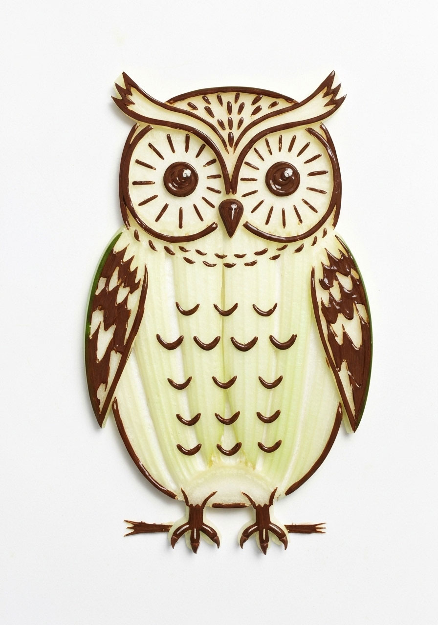 Celery stamp owl craft using vegetable printing technique for kids
