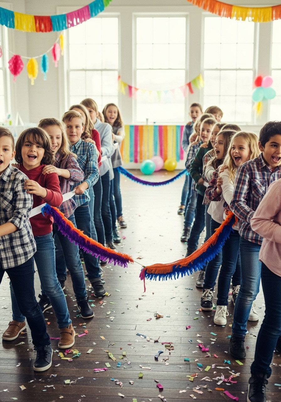 Kids forming centipede lines grabbing tails during centipede tag at birthday party