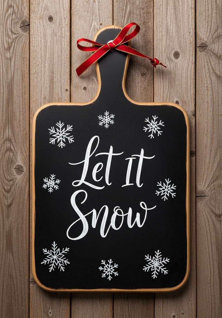 Chalkboard painted Dollar Tree cutting board with "Let It Snow" message and festive red ribbon for reusable Christmas decor