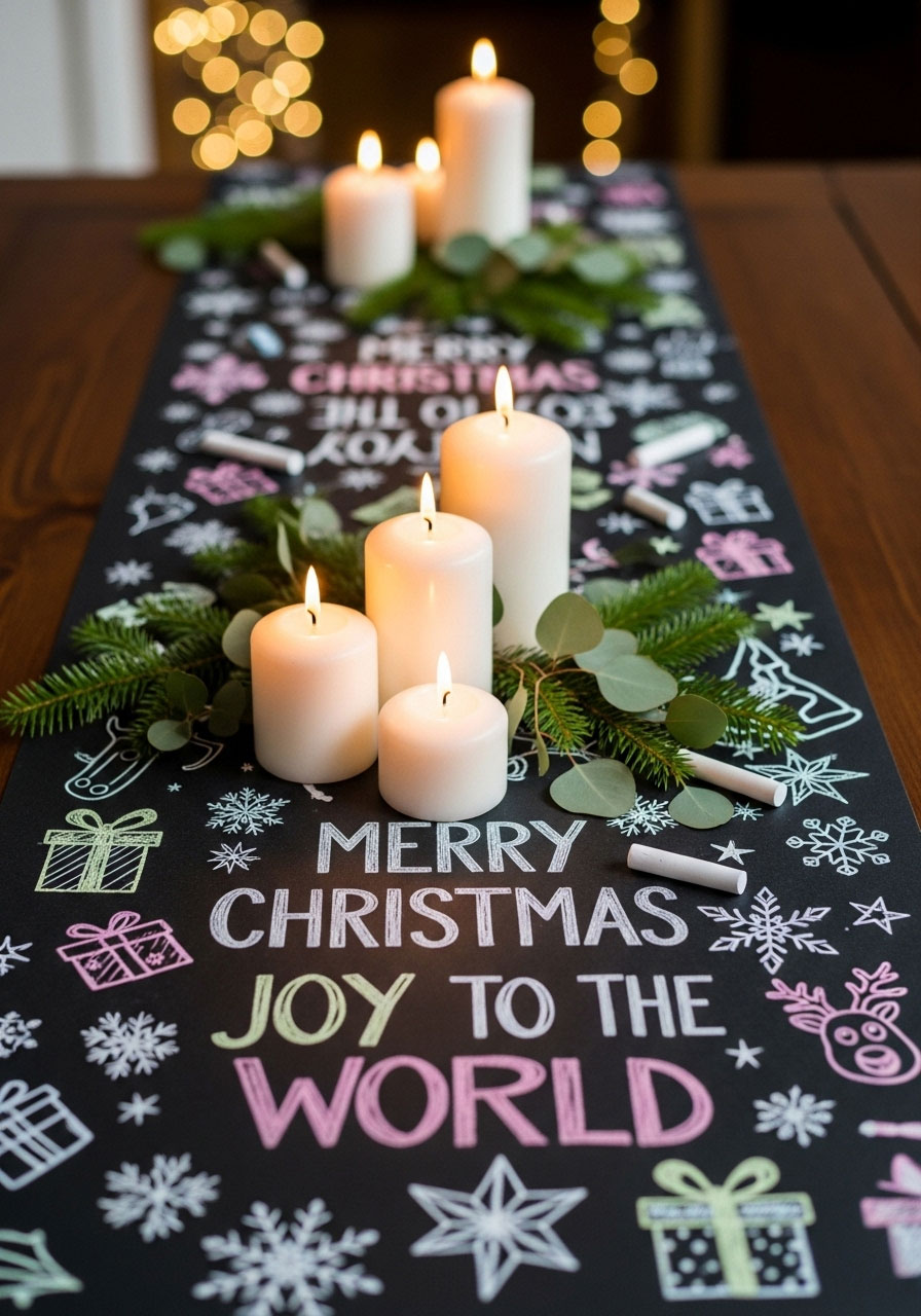 Interactive chalkboard table runner Christmas centerpiece with chalk messages and greenery
