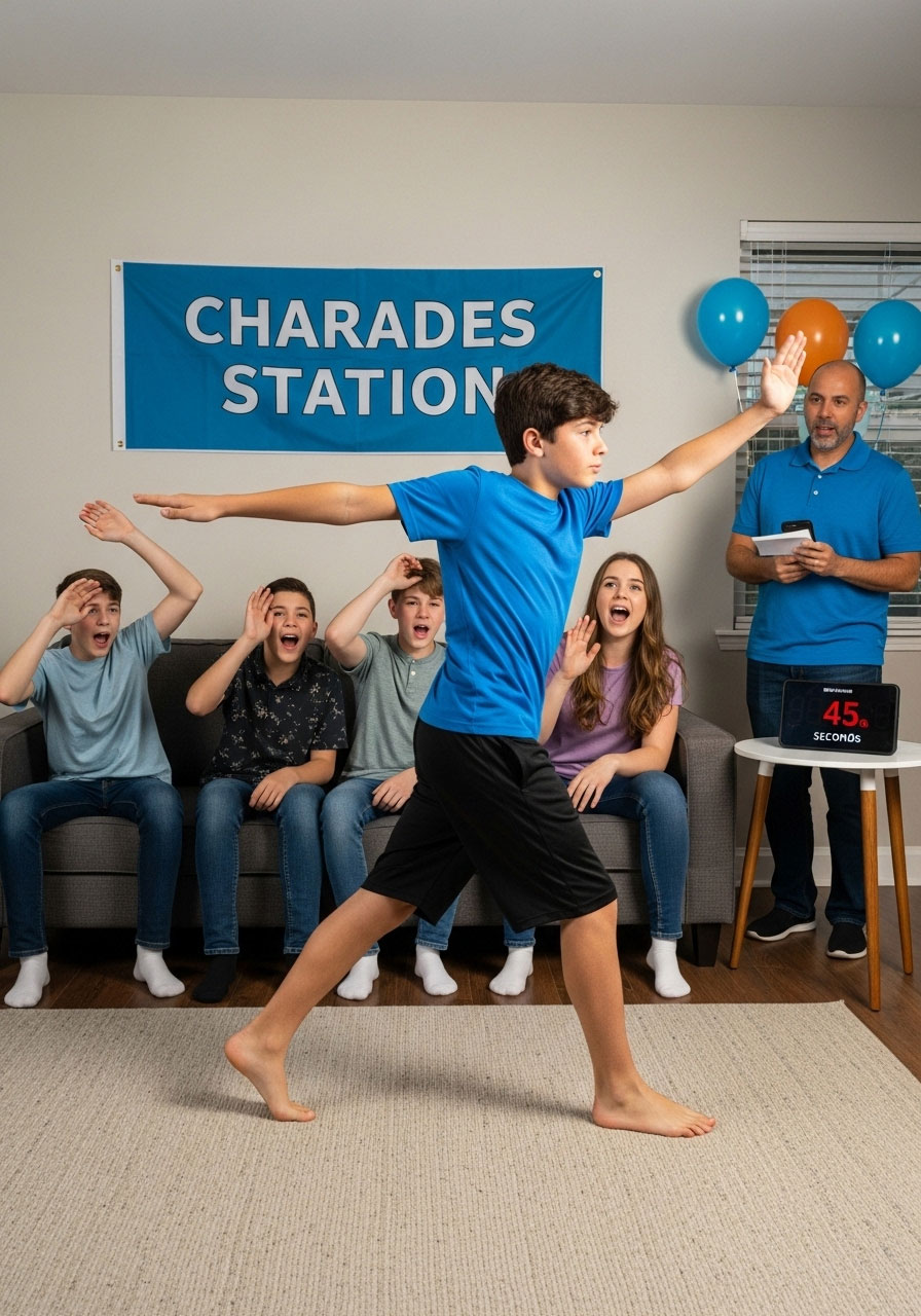 Teen acting out charades clue while teammates guess during birthday scavenger hunt challenge