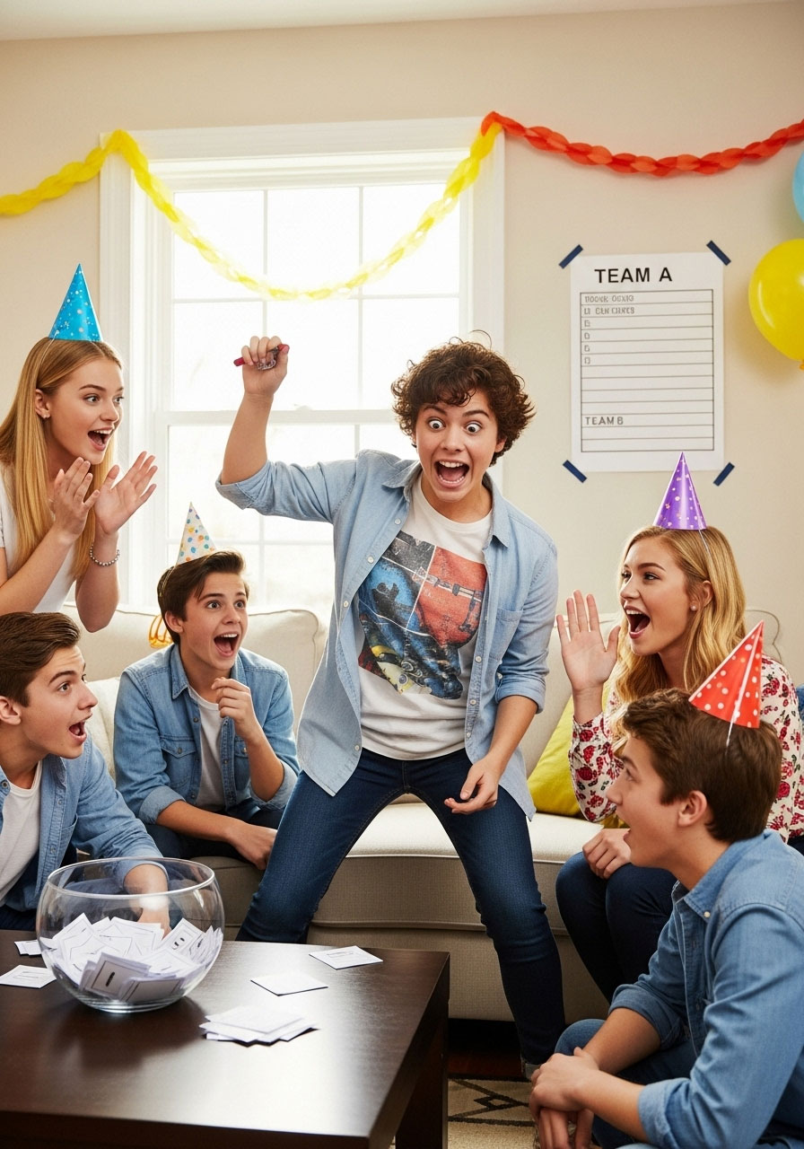Teenager acting out charades while team guesses at party tournament