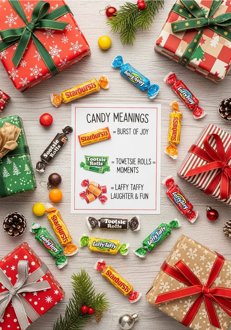 Colorful chewy candy pieces and wrapped gifts for chews your own Christmas gift exchange party game setup