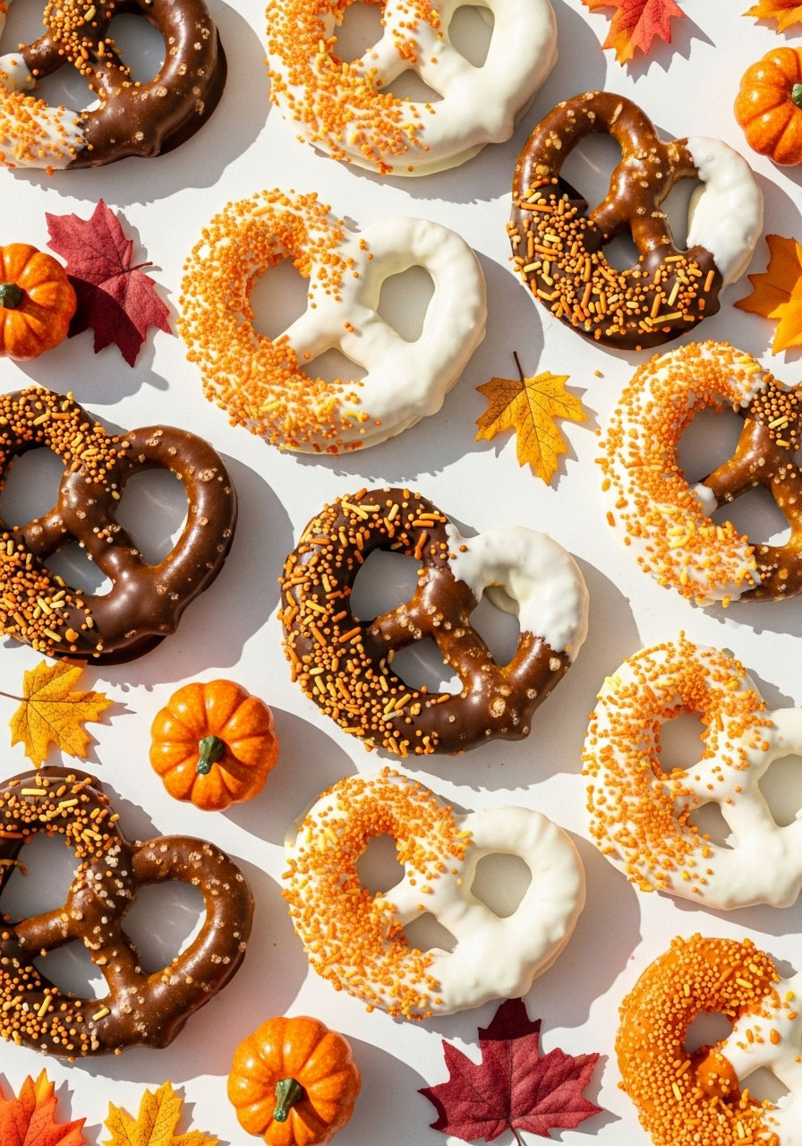 Chocolate-covered twist pretzels with fall sprinkles perfect for Thanksgiving classroom party treats