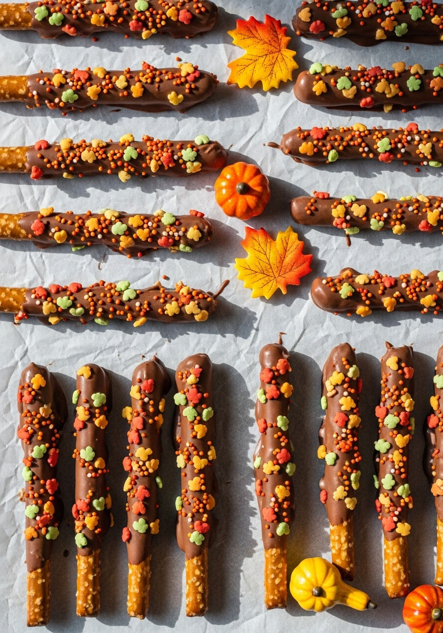 Chocolate-dipped pretzel sticks with fall leaf sprinkles arranged on parchment paper for Thanksgiving classroom snack