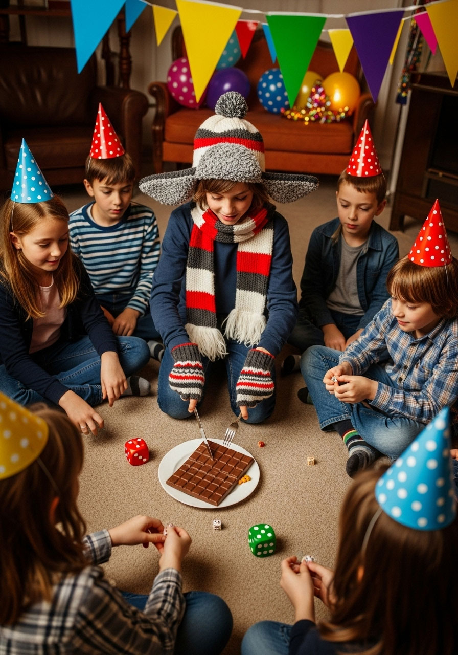 Kids playing chocolate eating game with dice, oversized gloves and hat at indoor birthday party
