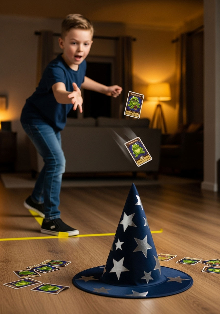 Chocolate frog card flipping game into wizard hat for Harry Potter birthday party accuracy challenge