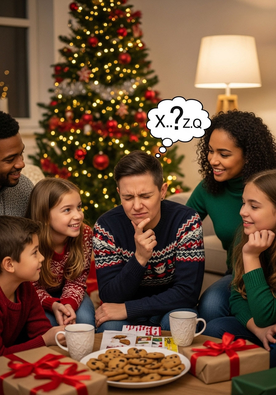 Family playing Christmas ABC alphabet naming game in circle