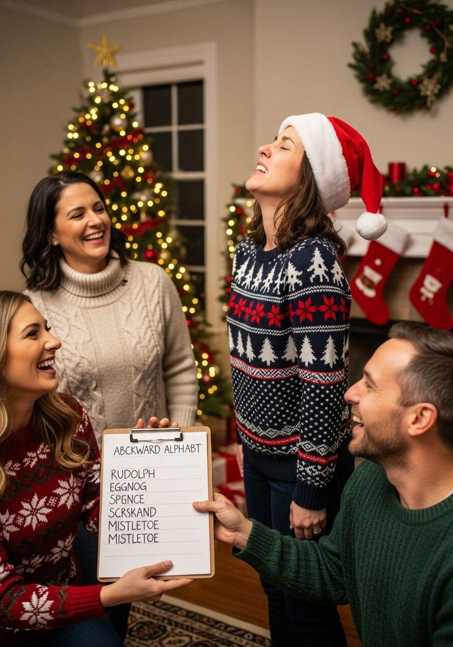 Family member attempting Christmas backward alphabet challenge game