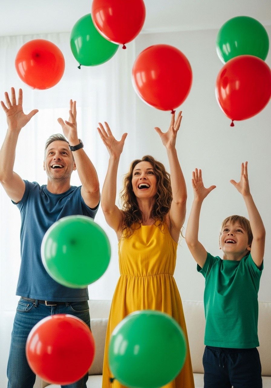 Family playing Christmas balloon keep up challenge game together