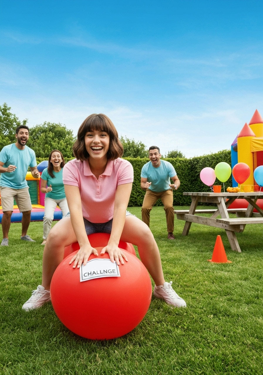 Family teams competing in Christmas balloon pop relay challenge