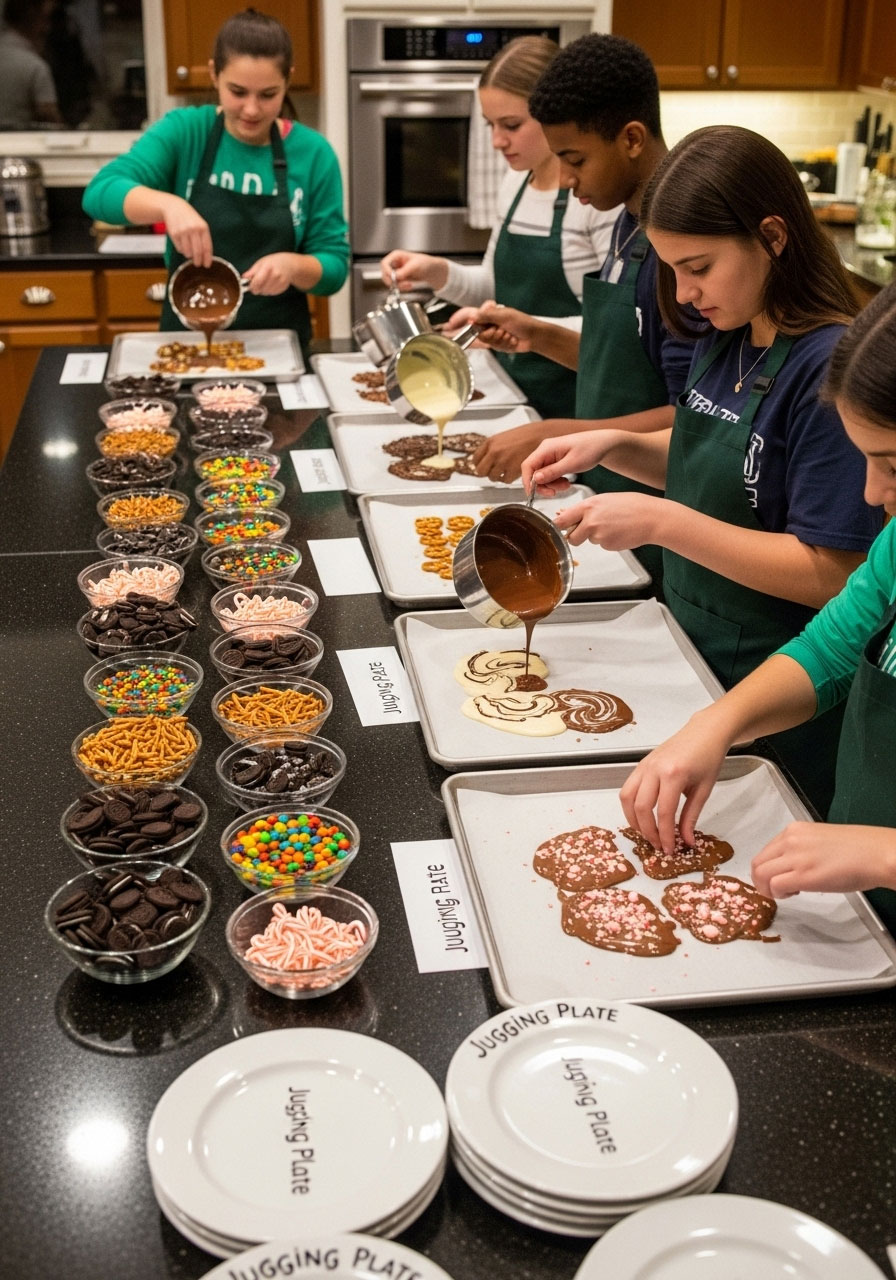 Four teen baking stations with Christmas bark creations on cookie sheets, melted chocolate, colorful toppings, and mix-ins during holiday bake-off