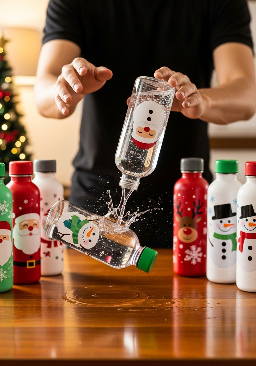 Family playing Christmas themed bottle flip challenge game