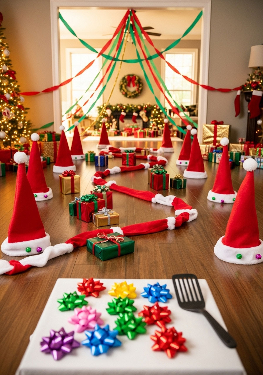 Holiday obstacle course setup for Christmas bow spatula game with Santa hats, gift boxes, and streamers
