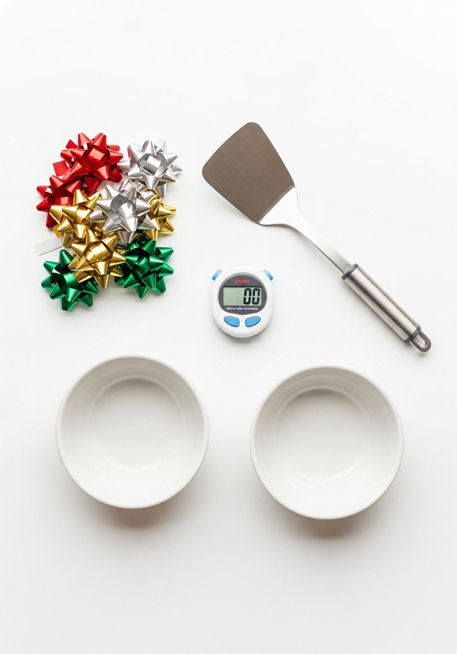All materials needed to play Christmas bow game including gift bows, spatula, timer, and bowls for holiday party