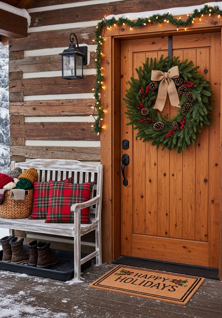 Welcoming cabin entryway decorated with evergreen wreath, garland with lights, wooden bench with festive cushions, and holiday doormat