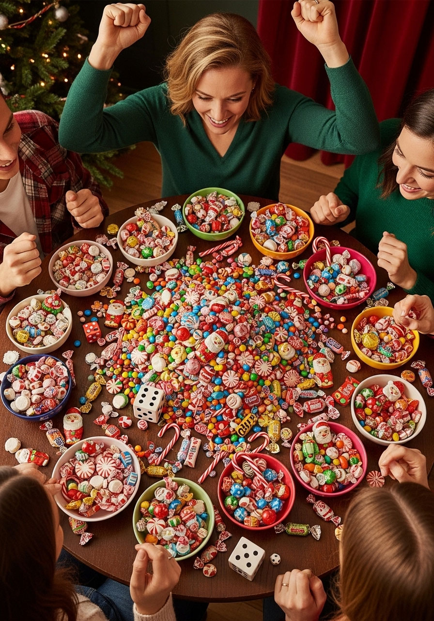 Christmas candy avalanche: players competing for piles of holiday candy using dice rolls at festive party