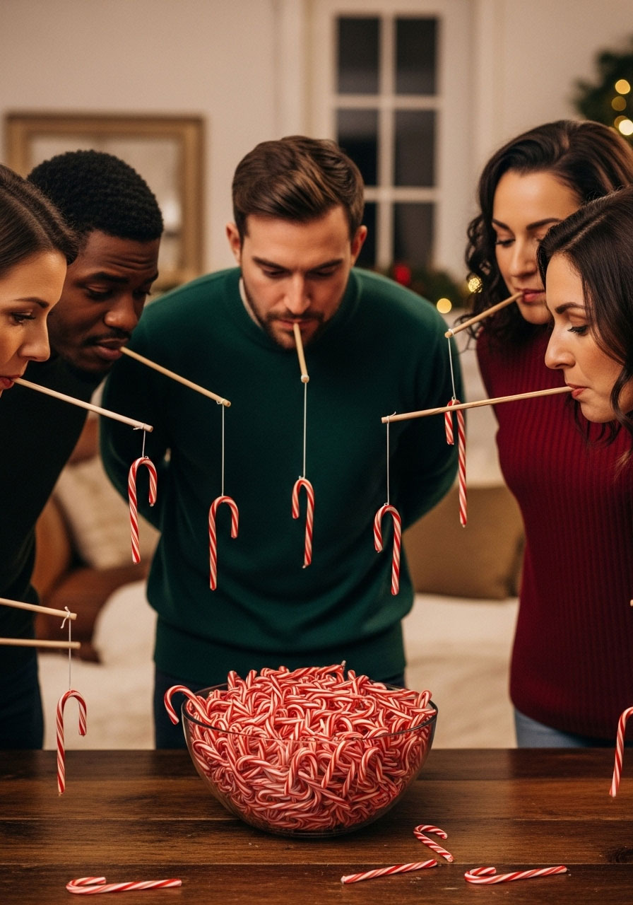 Family playing Christmas candy cane fishing hook challenge game