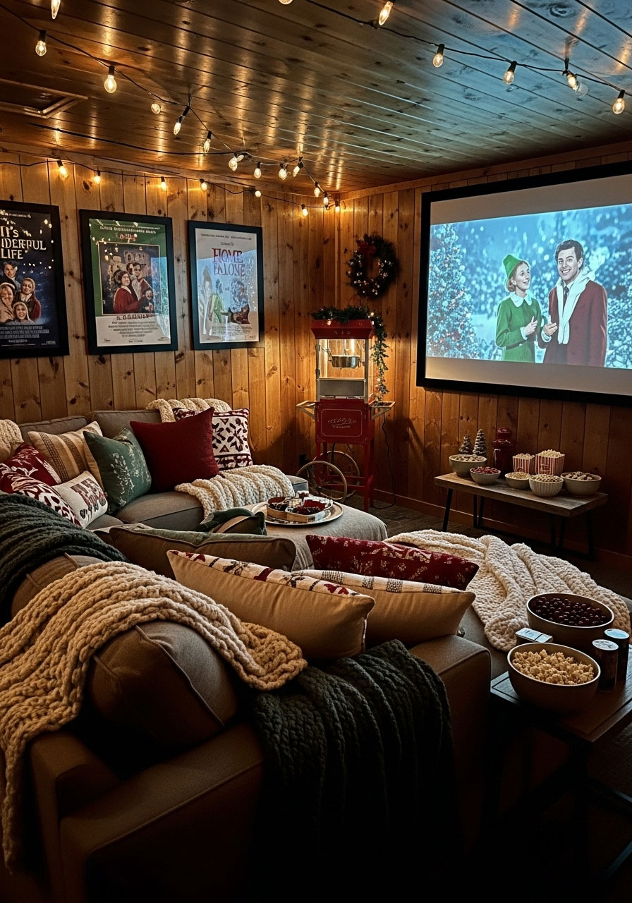 Cabin cinema room set up for Christmas with comfortable seating, blankets, popcorn machine, and holiday movie decorations