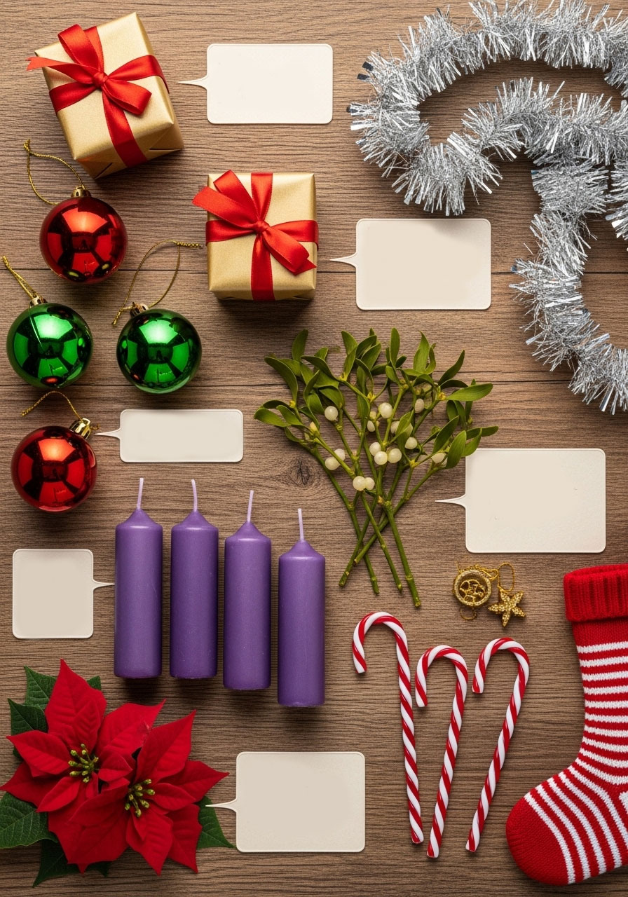 Christmas decorations and symbols trivia display showing red, green, gold, silver ornaments with color meanings