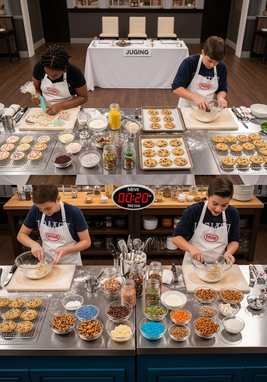Three teen baking stations in kitchen with cookies, mixing bowls, ingredients, and timers for holiday cookie baking competition challenge