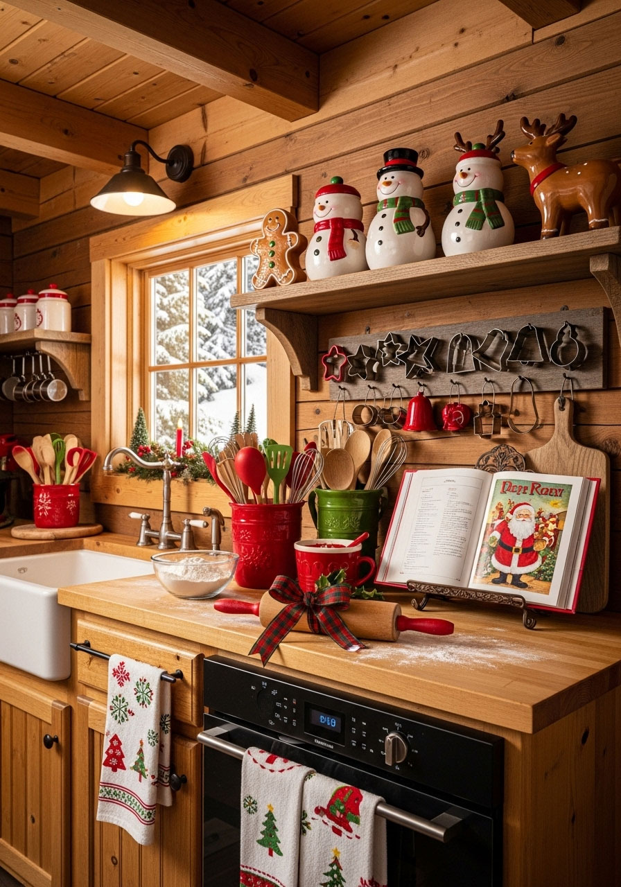 Cabin kitchen set up for holiday baking with cookie jars, festive utensils, cookie cutter wall display, and recipe stand