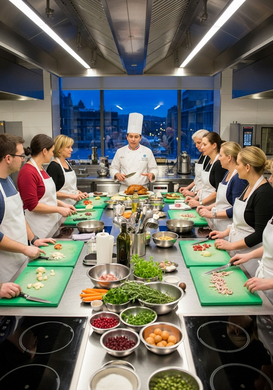 Adults learning to cook holiday dishes at Christmas cooking class with professional chef instructor