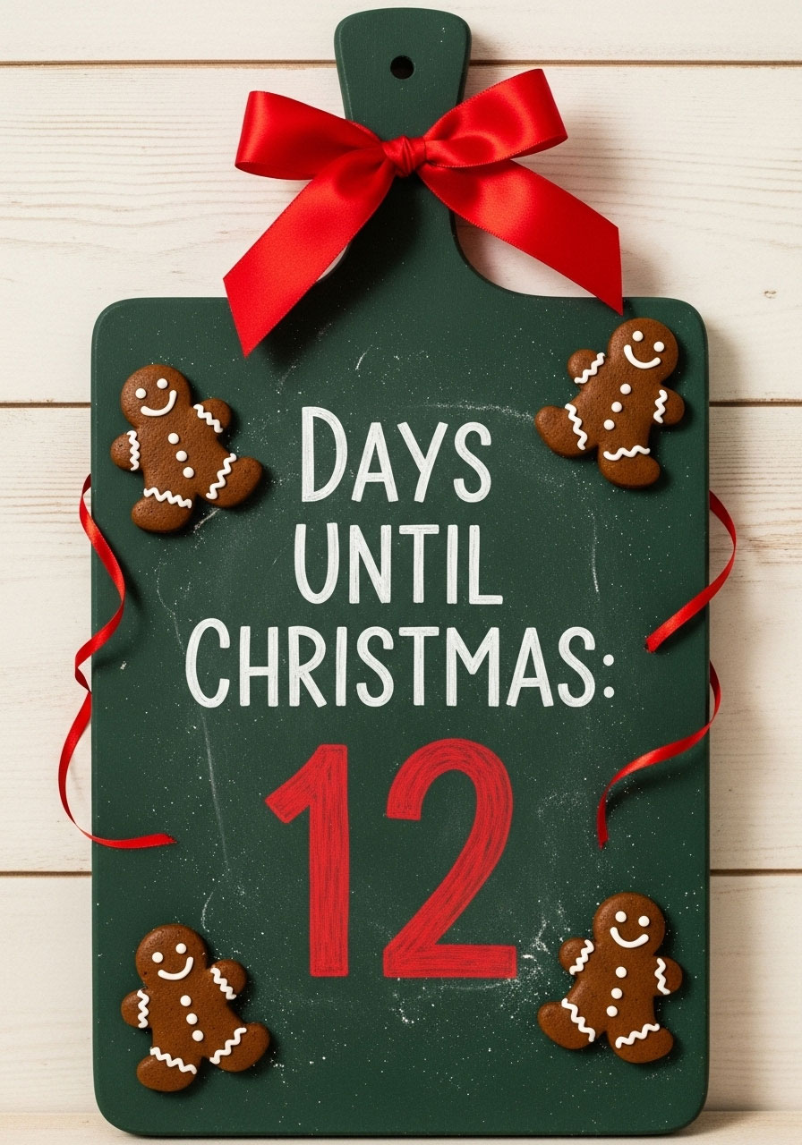 Interactive Christmas countdown chalkboard on Dollar Tree cutting board with gingerbread men and festive chalk lettering
