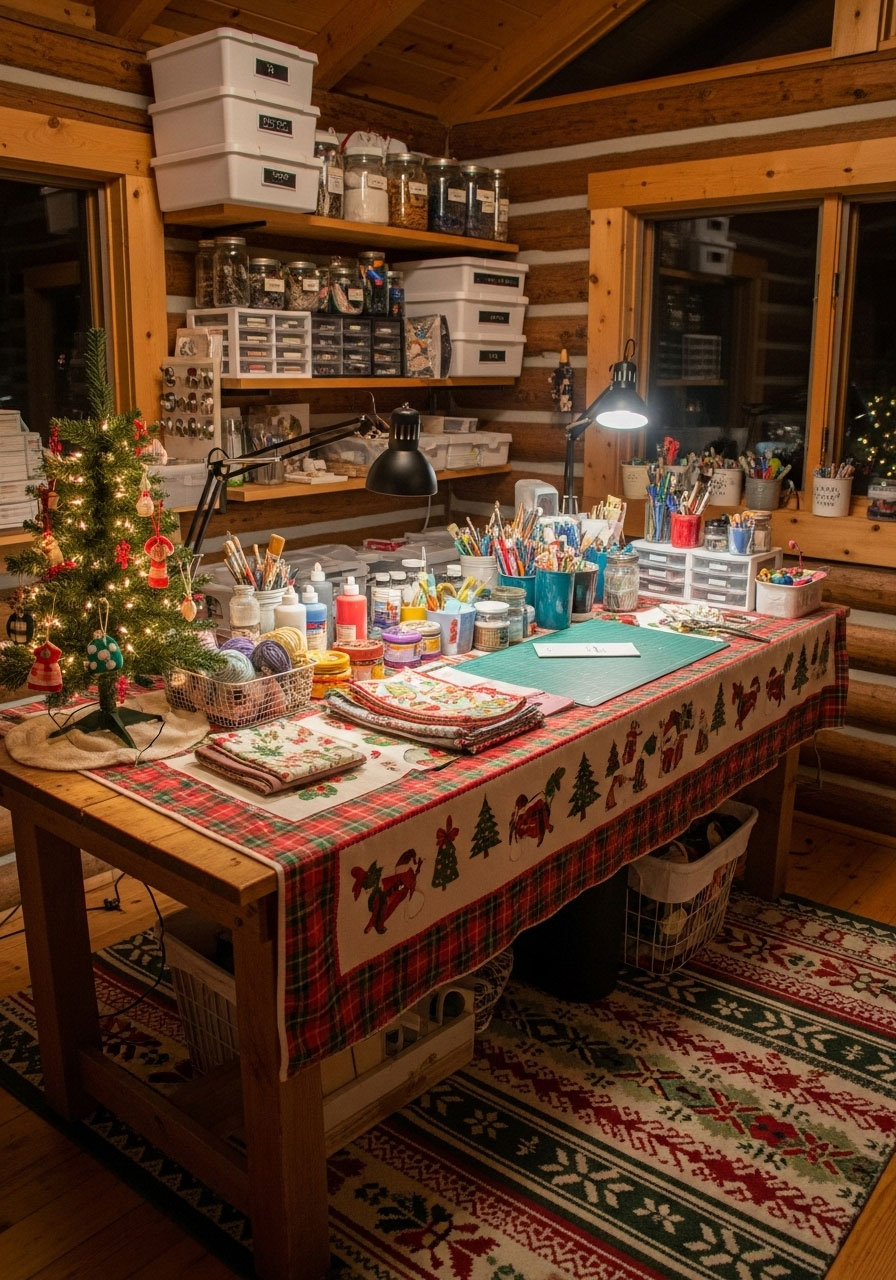 Cabin craft workshop with organized supplies, festive table covering, decorated tree, and good lighting for holiday DIY projects