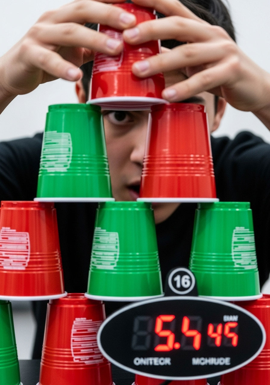 Family member building Christmas cup tower speed challenge