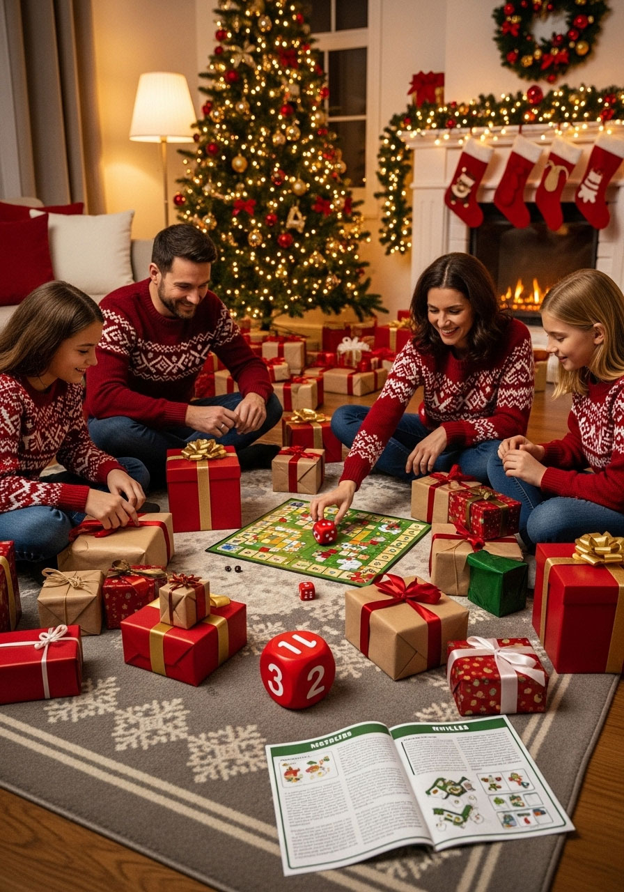 Family playing Christmas dice roll gift swap game in living room
