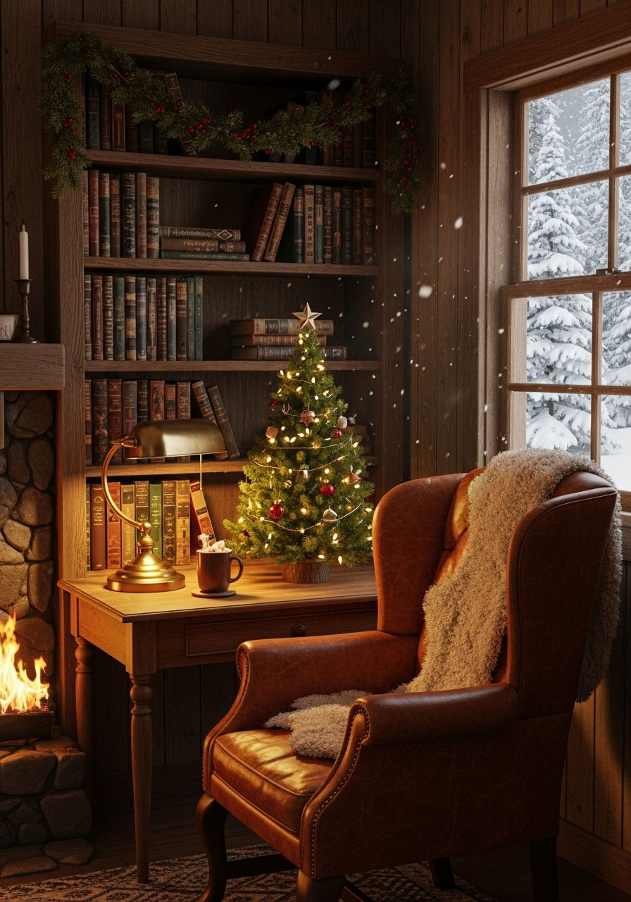 Cozy cabin study with reading chair, desk, miniature Christmas tree, and bookshelf creating a quiet holiday reading retreat