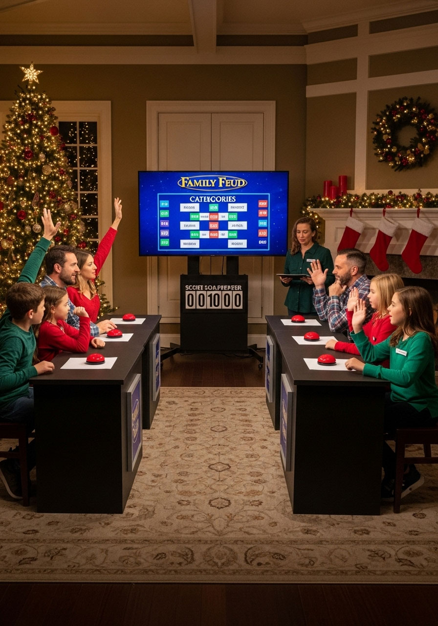 Two family teams playing Christmas Family Feud game with game board on TV, buzzer podium, and contestants competing in festive living room