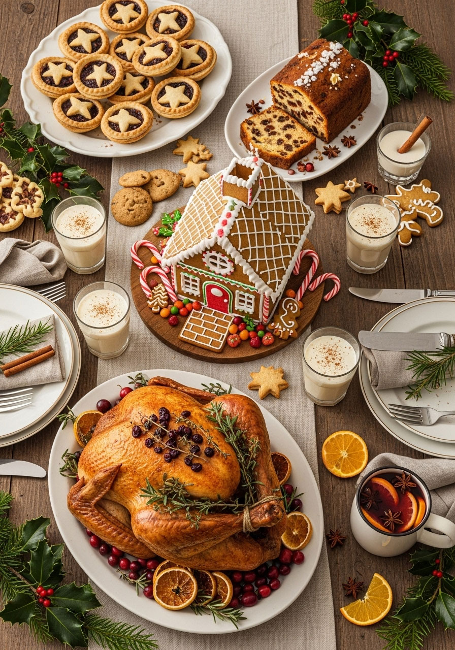 Christmas food trivia holiday feast with turkey, mince pies, eggnog, gingerbread house - festive food and treats quiz