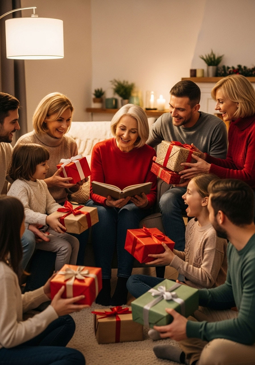 Family passing wrapped gifts in circle during Christmas left-right story game