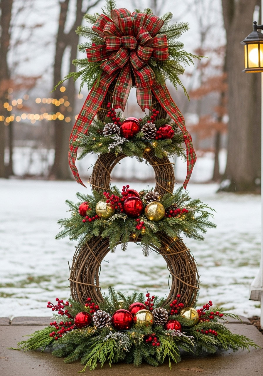 DIY stacked grapevine wreaths with ornaments and evergreen