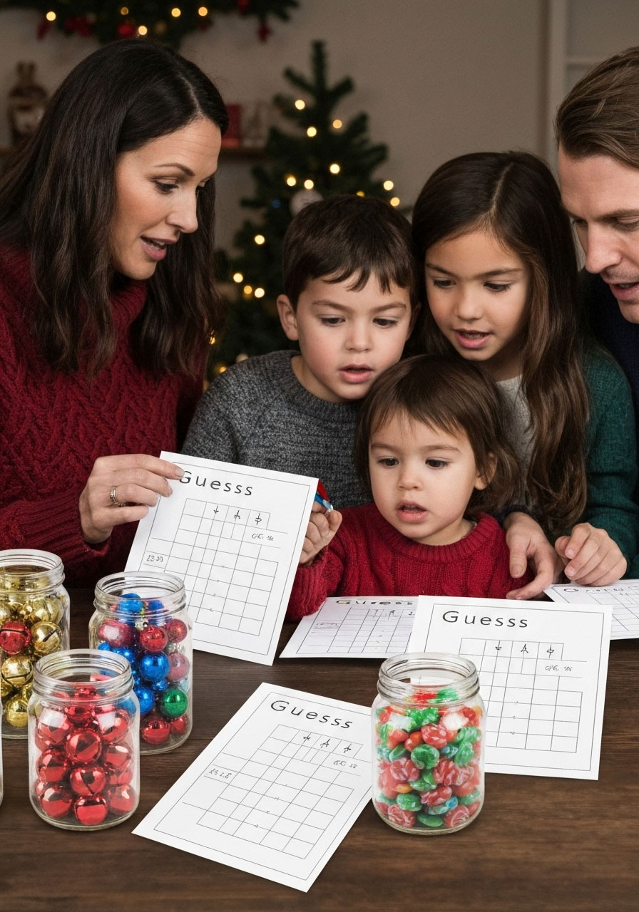Christmas estimation game with jars of holiday items display