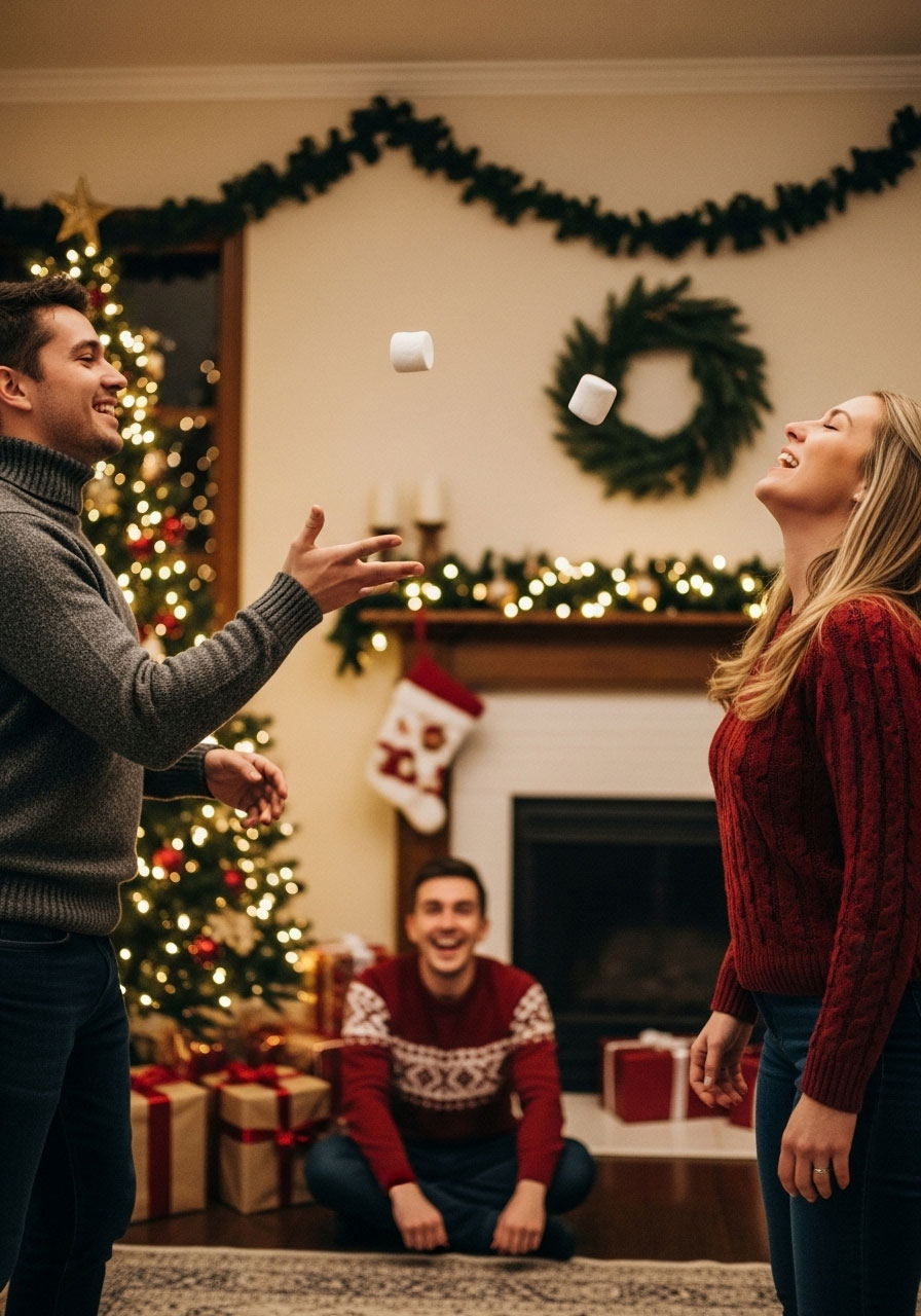 Family pairs playing Christmas marshmallow toss catch game