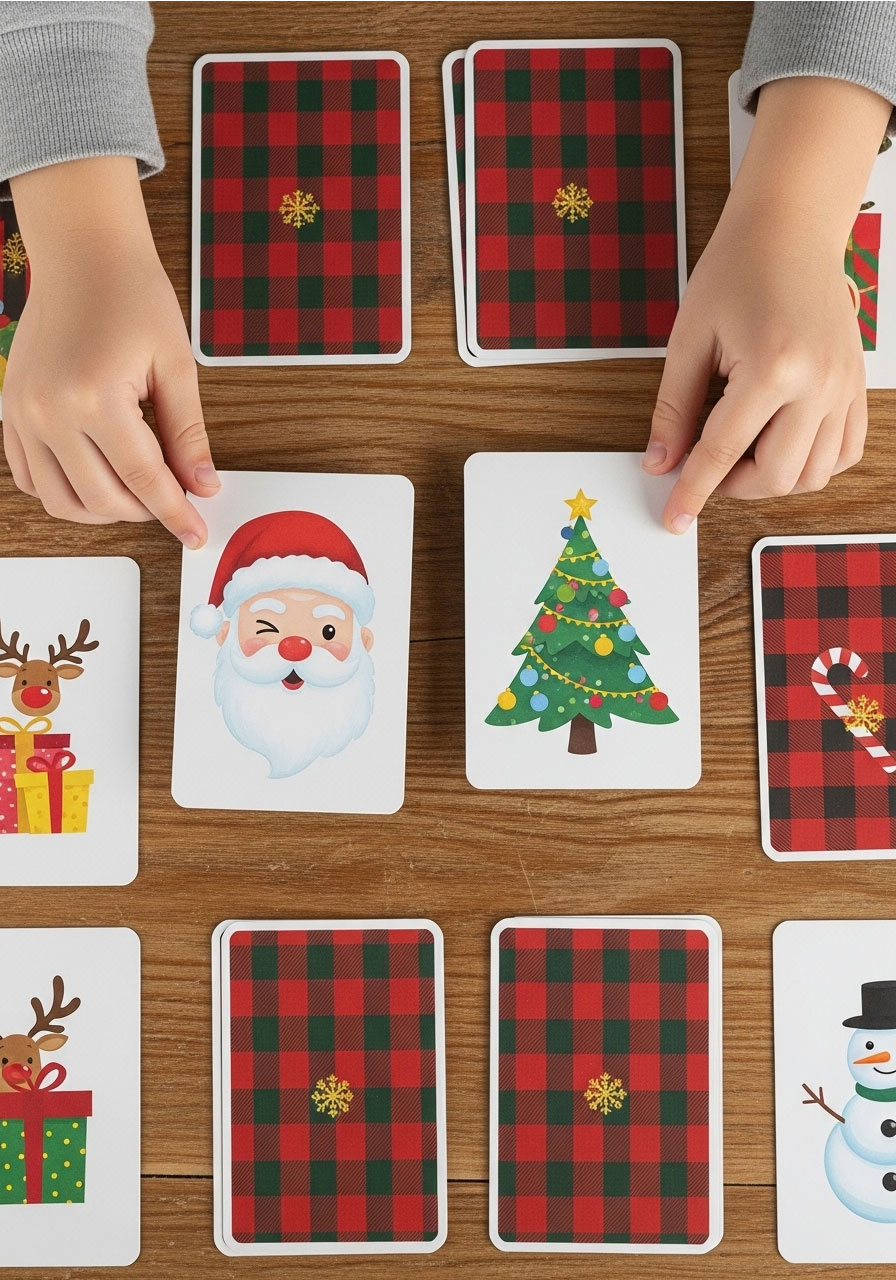 Kids playing Christmas memory matching card game on floor