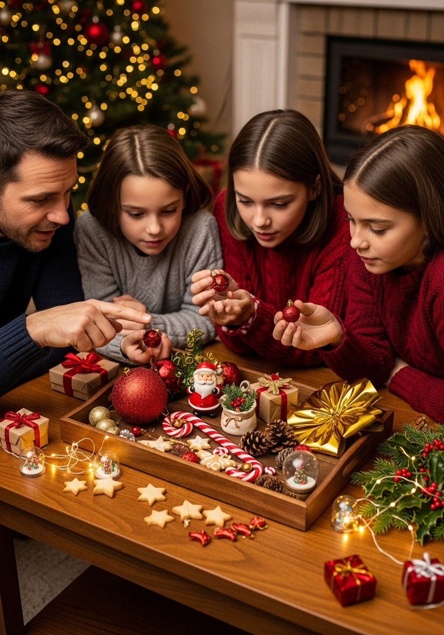 Family playing Christmas memory tray observation game with holiday items