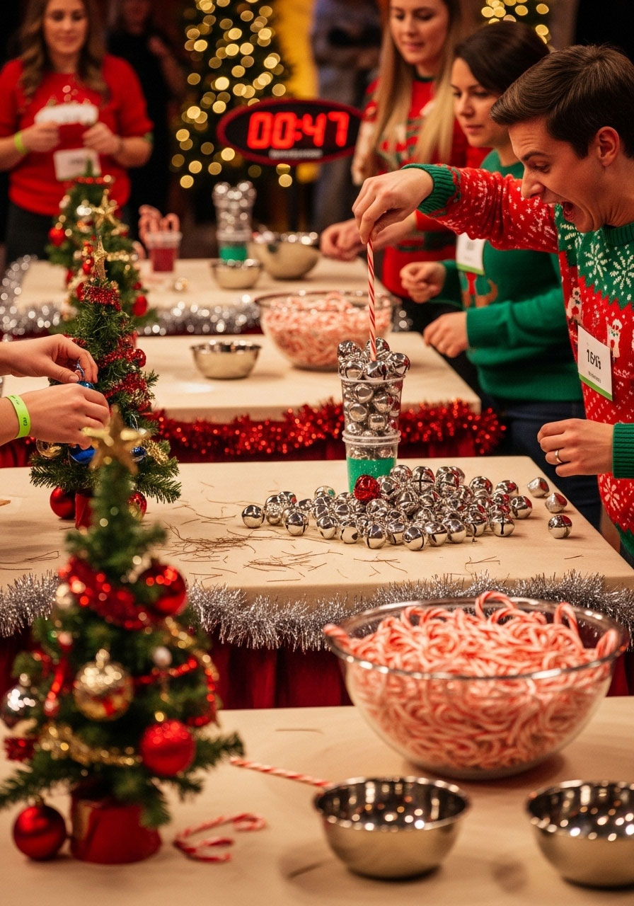 Family competing in Christmas Minute to Win It challenge stations