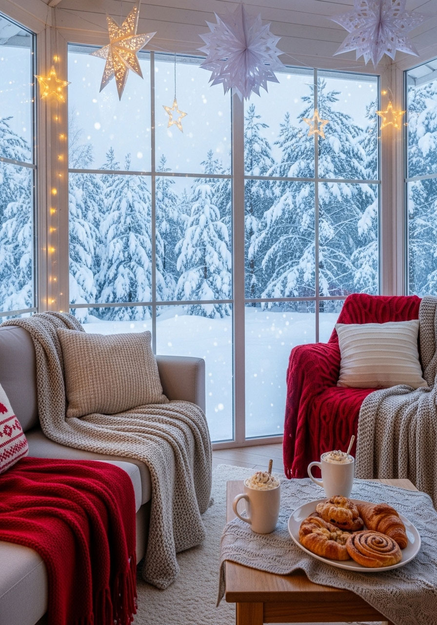Bright cabin sunroom with comfortable seating, light holiday decorations, and table set for Christmas morning breakfast